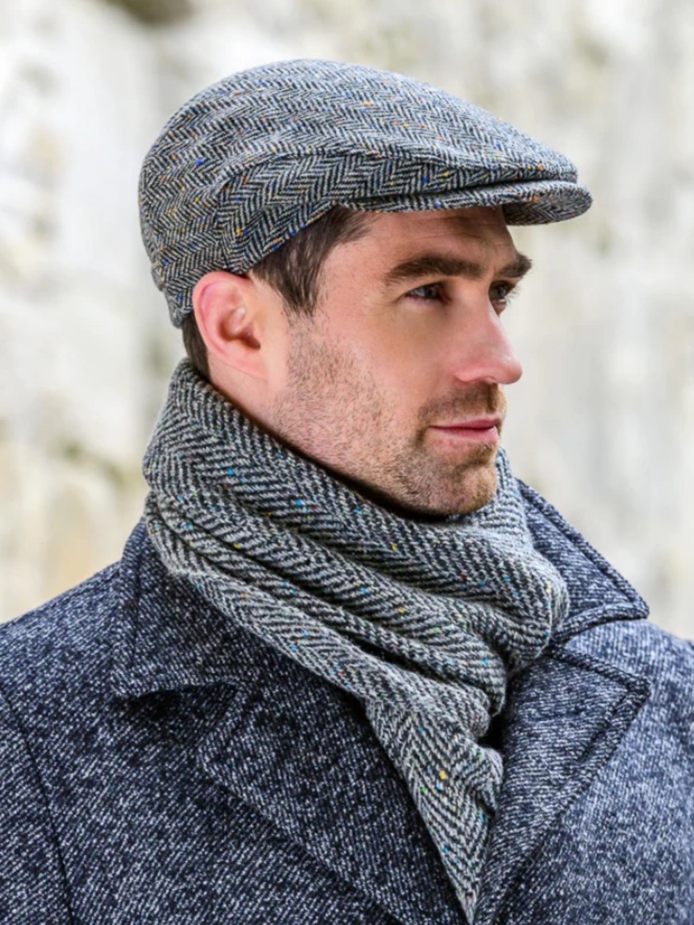 Mucros Weavers‎ Trinity Flat Cap Grey 100% Wool Herringbone Irish Tweed Hat M
